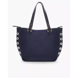 Chico's navy tote with white grommets and gold-tone hardware; new with tag